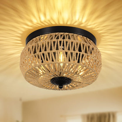 3 Lamp Woven Rattan Recessed Chandelier Lamp Fixture With Handmade Cage Lampshade For Bedroom, Kitchen, Hallway, Porch   Unavailable Platforms- Welfel