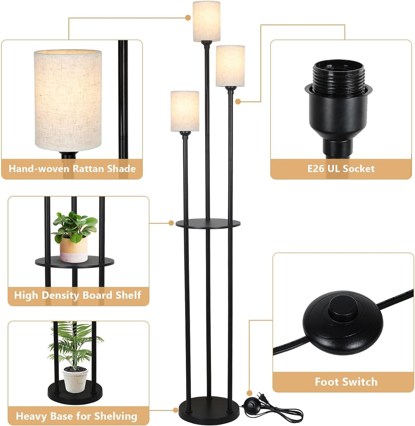 Floor Lamp With Shelf, Floor Lamp For Modern Living Room, 3 Light Standing Lamp With Linen Shade And Foot Switch Unavailable Platforms- Welfel